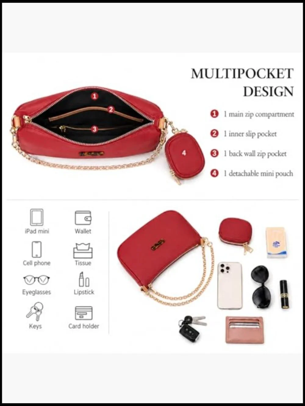 Crescent Hobo Crossbody Bag with Detachable Pouch & Two Straps